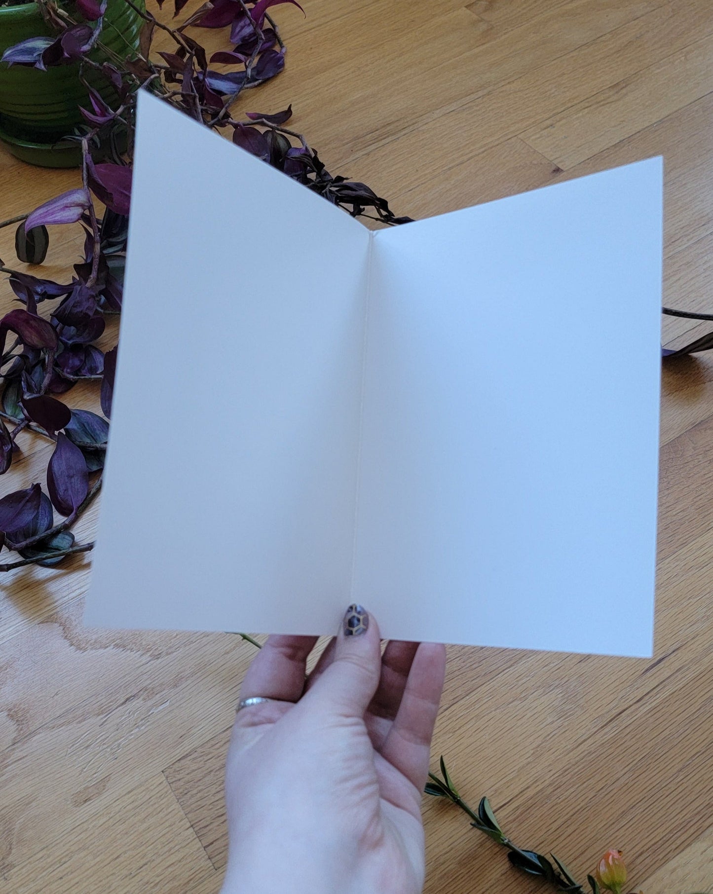 a blank card being held open. a houseplant sits in the background.