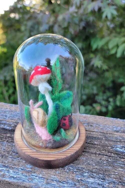Needlefelted Mushroom Terrarium with Snail and Ladybug