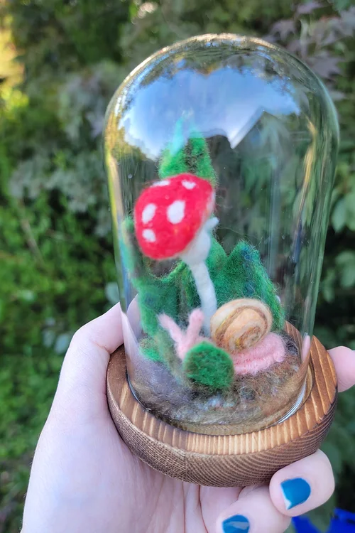 Needlefelted Mushroom Terrarium with Snail and Ladybug