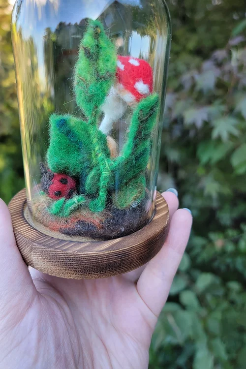 Needlefelted Mushroom Terrarium with Snail and Ladybug