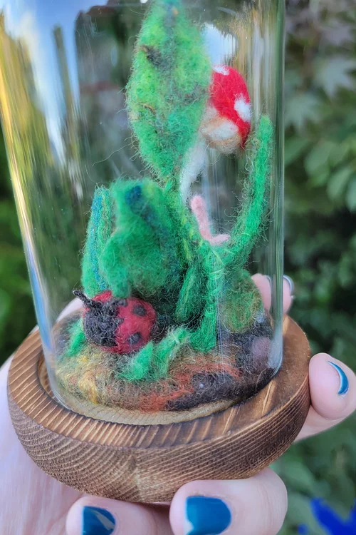 Needlefelted Mushroom Terrarium with Snail and Ladybug